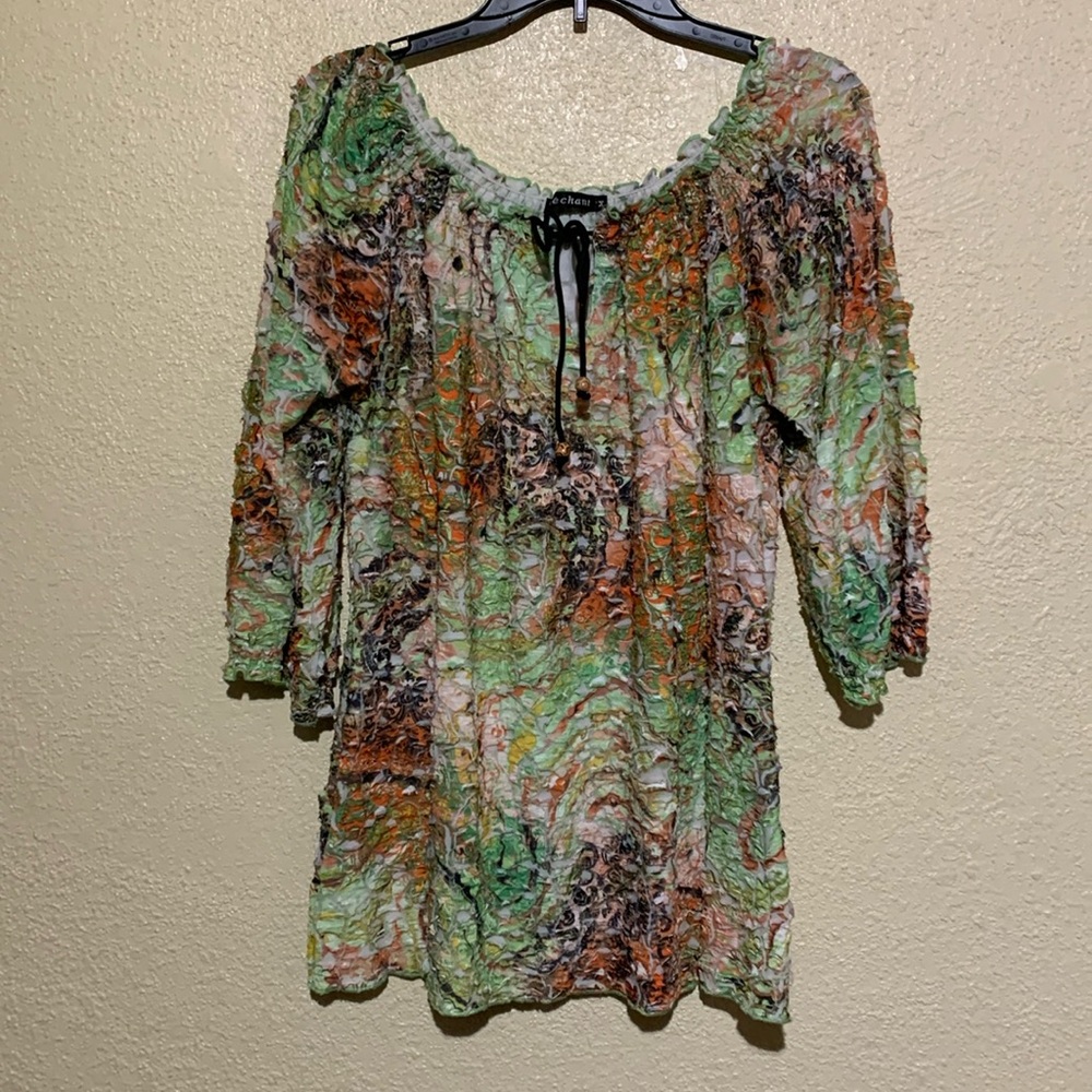 Mechant Top Blouse M Green Orange Stretchy Pullover Textured Front String Poly